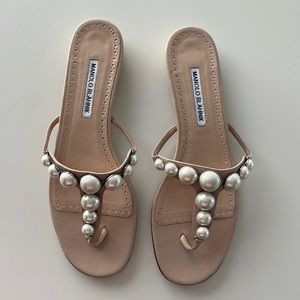 Manolo Blahnik Perlosa Faux Pearl- Embellished Leather Thong Sandals